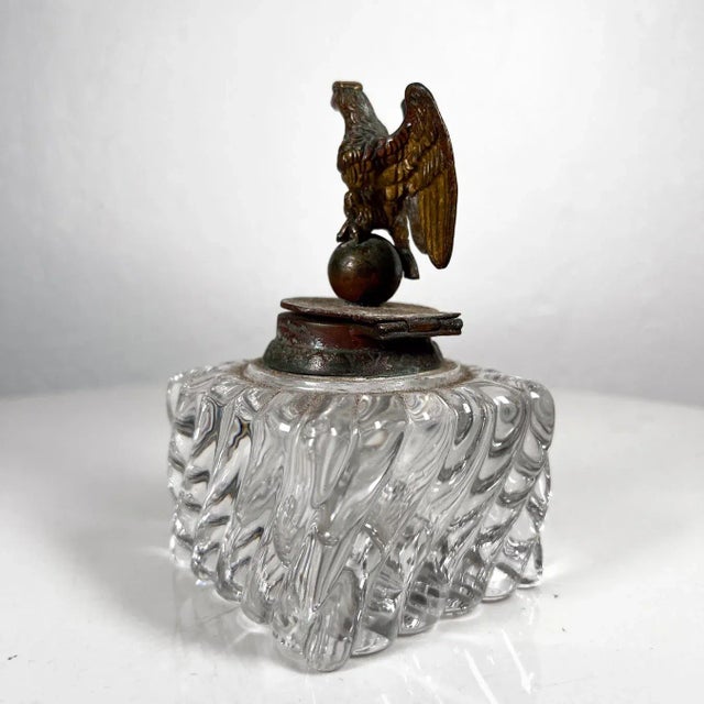 Art Deco Antique Vintage Cut Crystal Inkwell Brass Eagle Top For Sale - Image 3 of 10