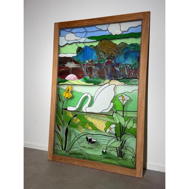 Large Stained Glass Panel with Swan Landscape For Sale - Image 3 of 7