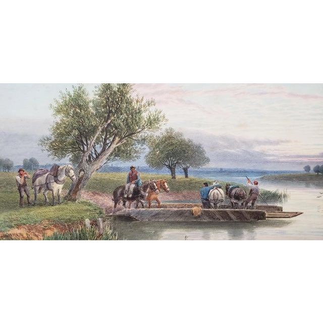 Late 19th-Early 20th C. J. Macpherson "Horse Ferry" Watercolor Painting Splendid original watercolor of a group of men...