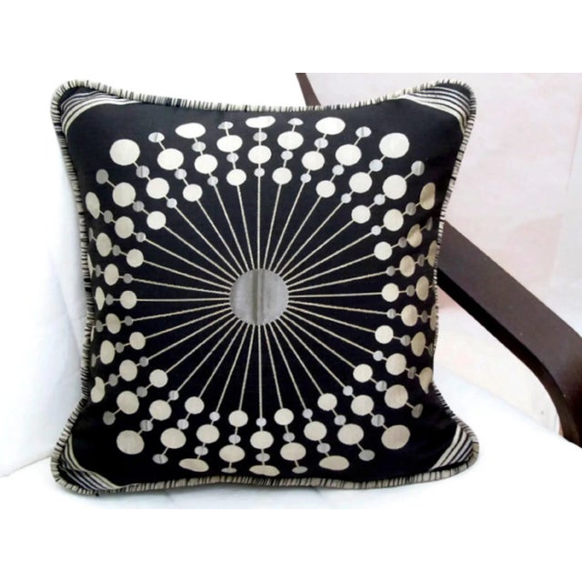 Textile Atomic Sunburst Embroidery Geometric Reversible Pillow With Stripe Piping For Sale - Image 7 of 13