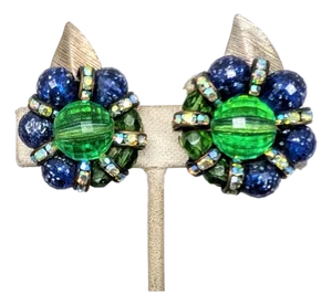 Vintage 1960s Signed Hobe Blue, Green & Aurora Borelis "Flower" Clip Earrings-2 Pieces