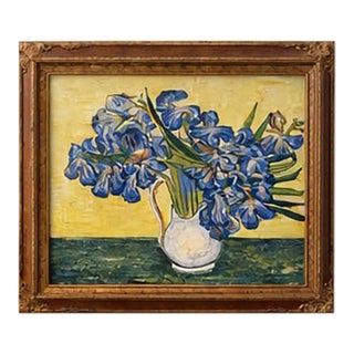 Vintage Impressionist Blue Iris Still Life Oil Painting Signed “Kingston” in Ornate Gold Frame For Sale