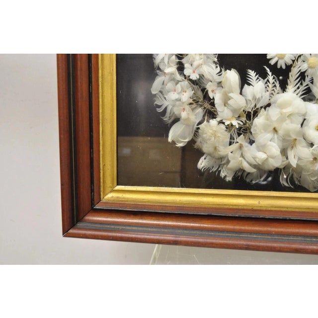 Antique Victorian White Feather Flower Mourning Wreath Mahogany Shadow Box Frame For Sale - Image 11 of 11