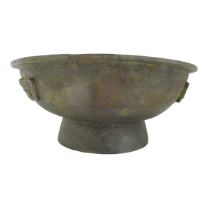 Chinese Large Archaic Bronze Vessel Censer Bowl With Mask & Key Ruyi Decoration
