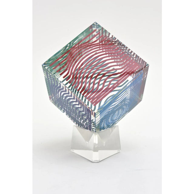 Modern Vintage Victor Vasarely Op Art Silkscreen Acrylic Sculpture on Lucite Base Red, Blue, Green, 1970's For Sale - Image 3 of 9