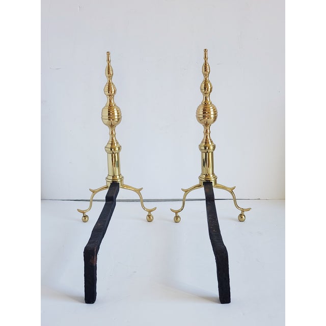 Late 18th Century Antique Federal Style Brass Andirons With Steeple Tops - A Pair For Sale - Image 5 of 12