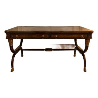 Large Vintage 60 Inch Mahogany Leather Top Baker Style Writing Desk For Sale
