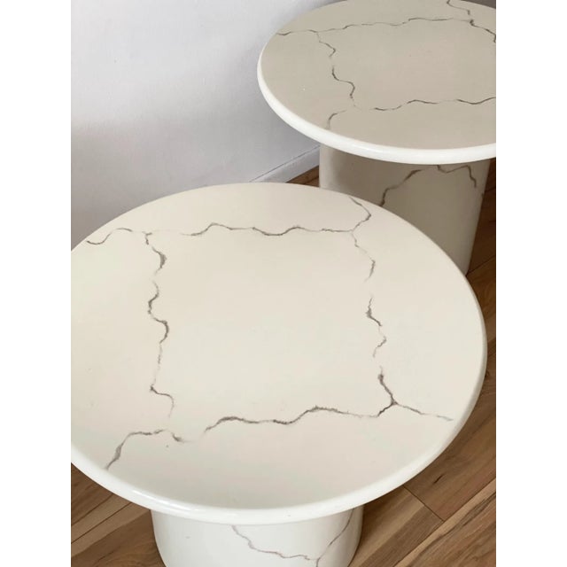 A beautiful pair of vintage lacquered end tables from the 1980s. These round top end tables are the perfect addition to...