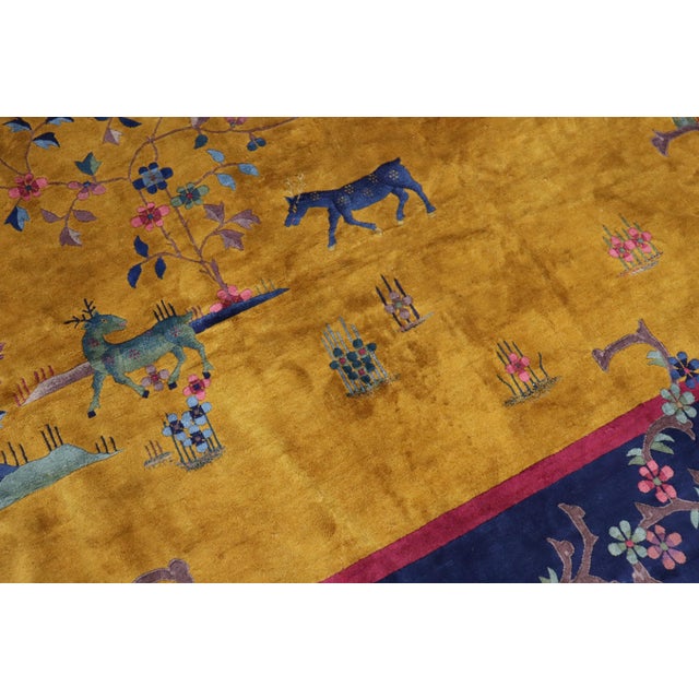 Chinoiserie Golden Rod Pictorial Animal Chinese Art Deco Rug - 7'10" x 9'8" For Sale - Image 3 of 6
