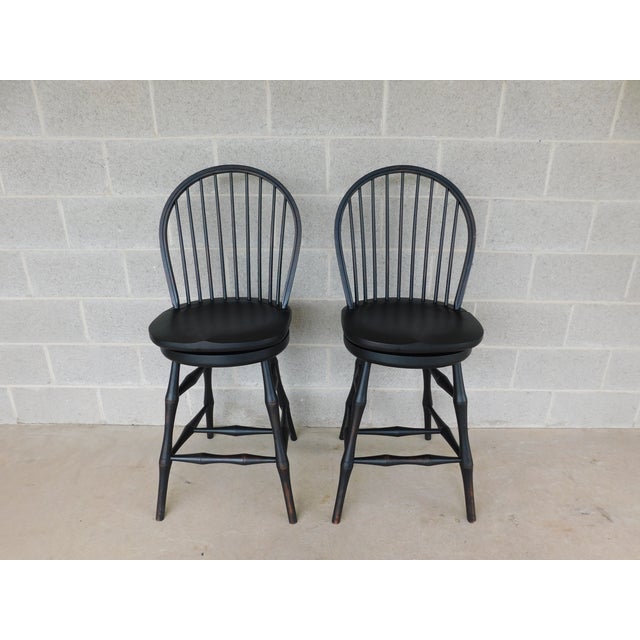 Custom Black Distressed Hoop Back Windsor Style Counter Height Stools - A Pair For Sale In Philadelphia - Image 6 of 17