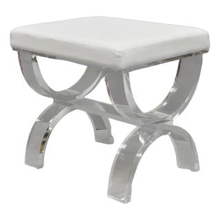 Contemporary Modern Lucite Acrylic X-Form White Vanity Bench Stool Seat For Sale