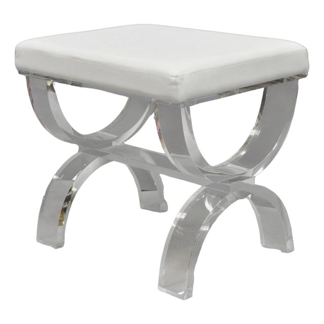 Contemporary Modern Lucite Acrylic X-Form White Vanity Bench Stool Seat For Sale