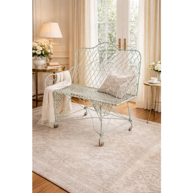 Vintage Wrought Iron Garden Loveseat – Mint Green Patina, Victorian Style Dimensions : Width: 39" - Depth: 20" - Height:...