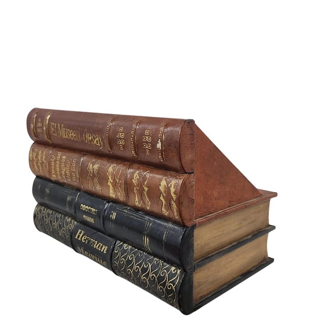A handsome vintage two-piece faux book desk organizer and letter tray set, executed in a classic old-world trompe l'oeil...