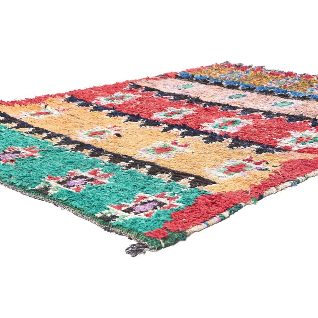 20457 Vintage Boucherouite Boujad Moroccan Rag Rug, 04'07 x 06'02. Immerse yourself in the vibrant vitality of Boujad...