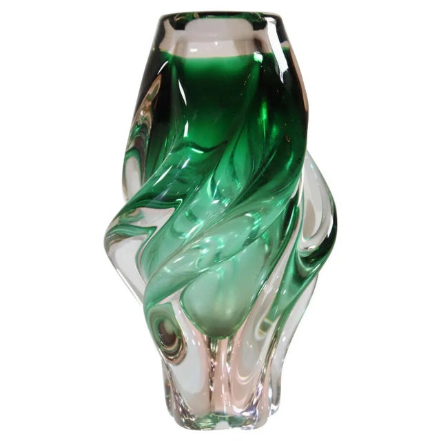 Handblown Art Glass Vase in Green Twisted Organic Shape For Sale - Image 13 of 13