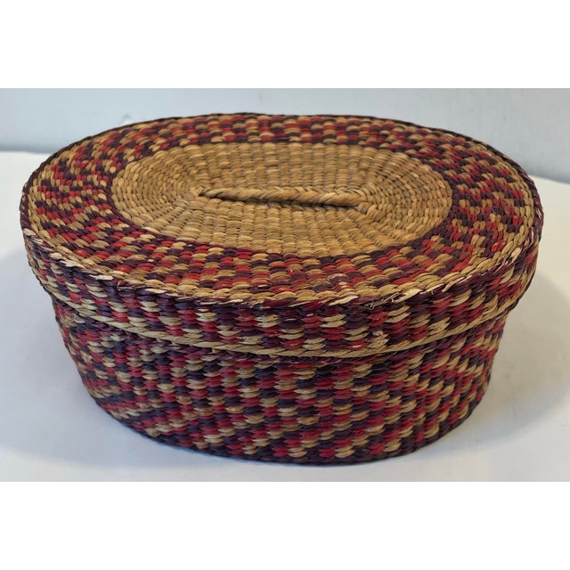 Vintage Lidded Sweetgrass Patterned Basket For Sale - Image 4 of 7