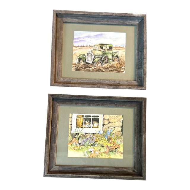 2 1970’s Original Rustic Cozy Farm Watercolor Paintings - Set of Two For Sale
