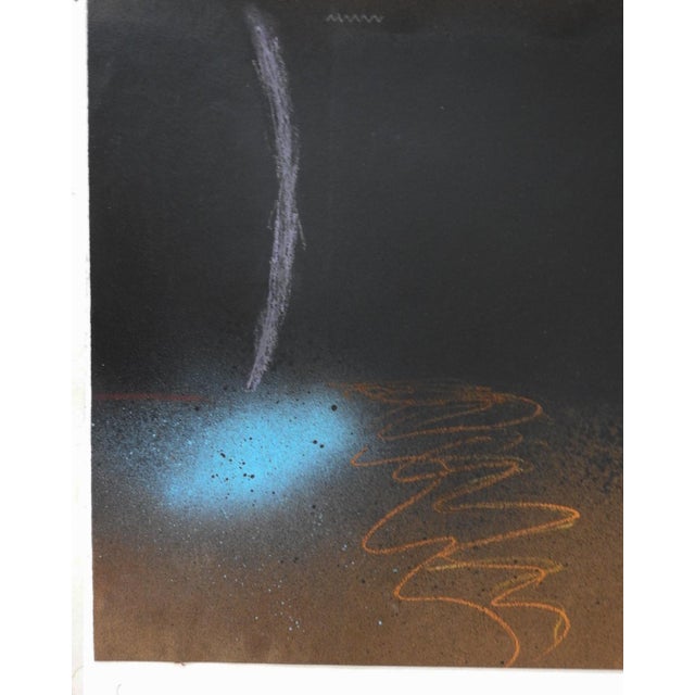 Vintage circa 1970's mixed media on paper abstract turquoise, black and rust painting. Unsigned. Unframed, edge wear.