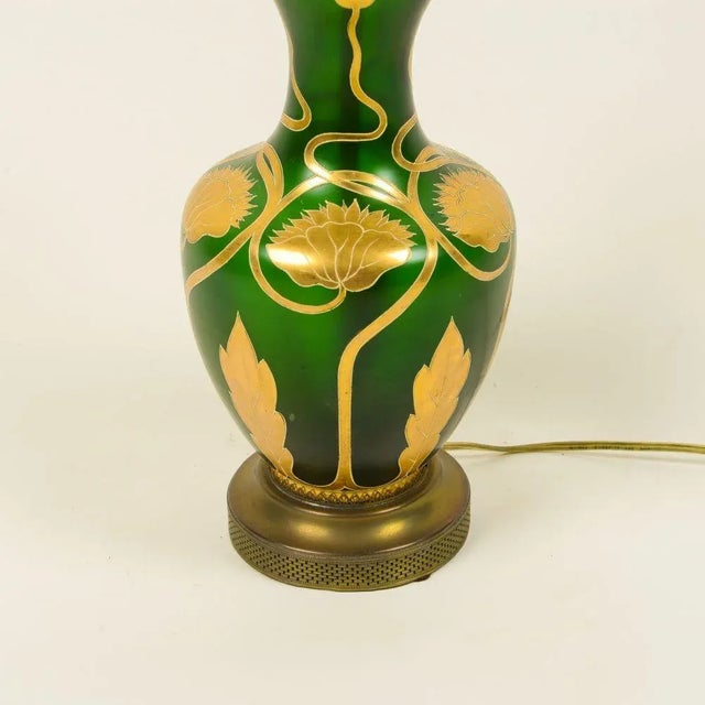 Late 19th Century Art Nouveau Green Lusterware and Gilt Table Lamp For Sale - Image 5 of 8