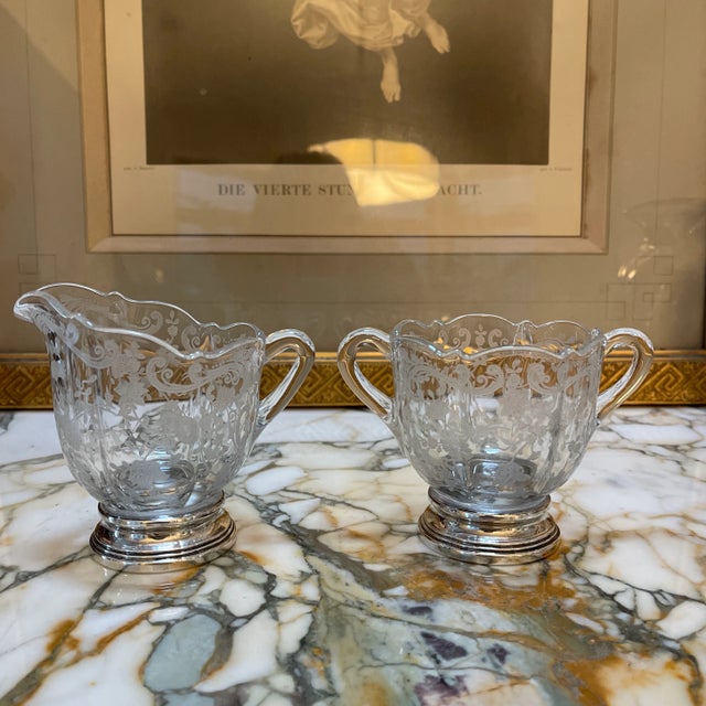 Silver Vintage Sterling Silver and Etched Glass Creamer and Sugar Set For Sale - Image 8 of 8