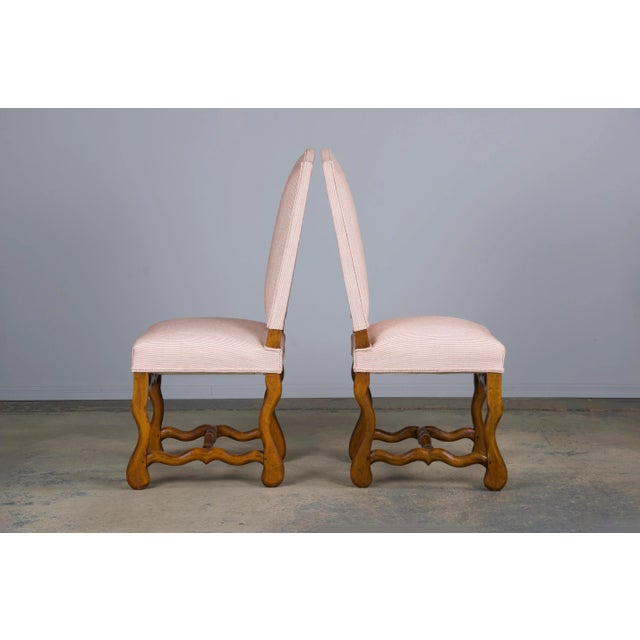 Antique French Louis XIII Style Os De Mouton Oak Dining Chairs W/ Striped Blush Pink Chenille- Set o For Sale - Image 10 of 12