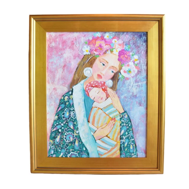 2020s Lady W/ Colorful Floral Flower Headdress & Baby Portrait Painting W/ Antiqued Gold Wood Frame For Sale - Image 5 of 7