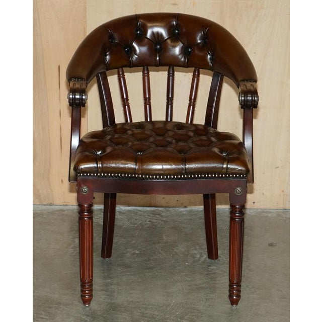 Hollywood Regency Set of Brown Leather Chesterfield Library Reading Armchairs For Sale - Image 3 of 18