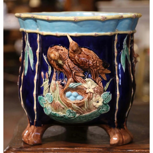 19th Century French Majolica Barbotine Cache Pot With Bird Relief Decor For Sale - Image 4 of 8