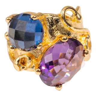 Mystic Duo Amethyst & Sapphire Gold Statement Ring, Size 8 For Sale