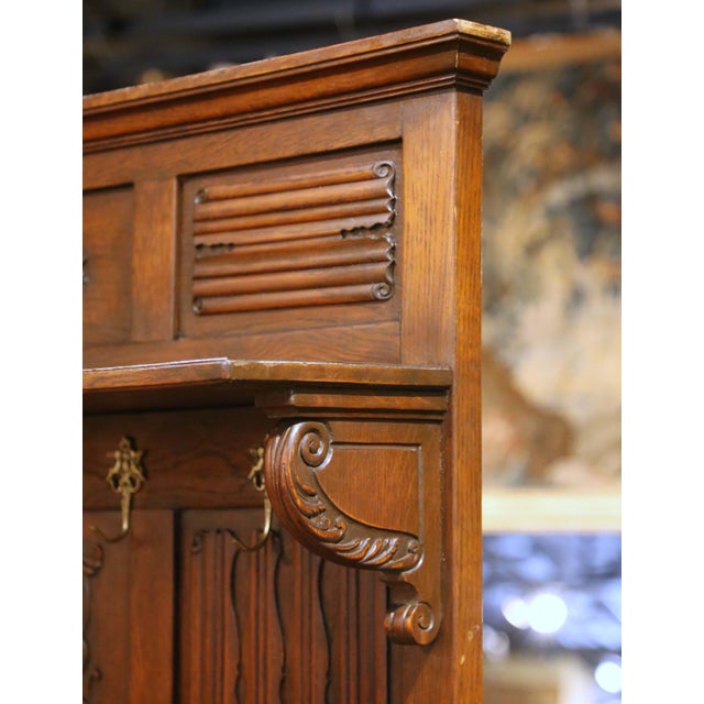 19th Century French Gothic Oak Hall Stand Bench Heraldic Crest and Linen Fold Panels For Sale - Image 9 of 14