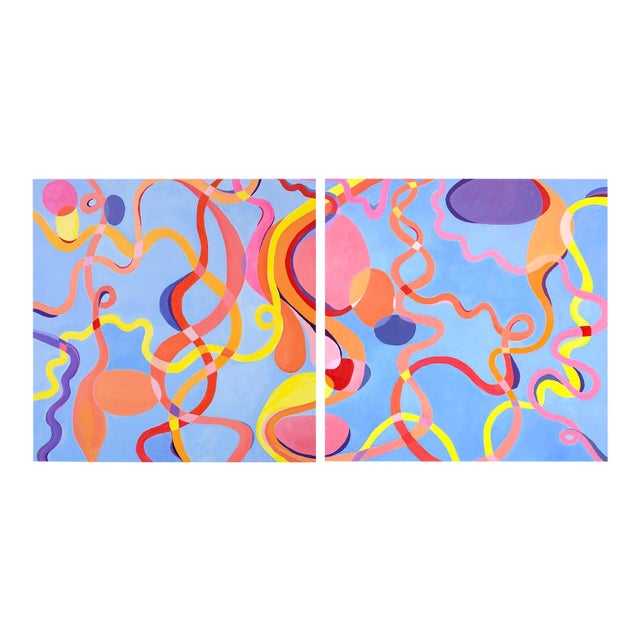 Large Abstract Diptych in Cobalt Blue Orange and Pink For Sale