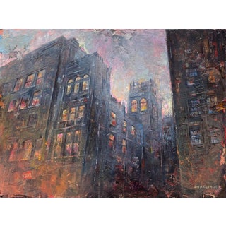 Understanding of Bat Wing Revolution by Josh George | Mixed Media on Wood Panel Urban cityscape at dusk For Sale