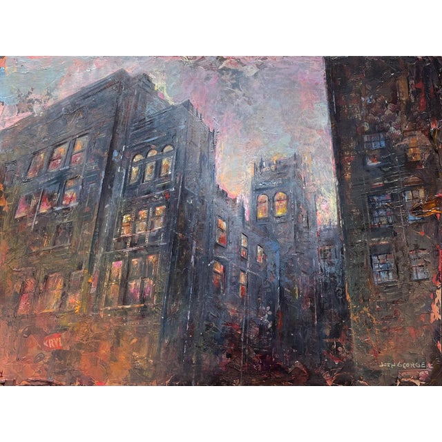 Understanding of Bat Wing Revolution by Josh George | Mixed Media on Wood Panel Urban cityscape at dusk For Sale