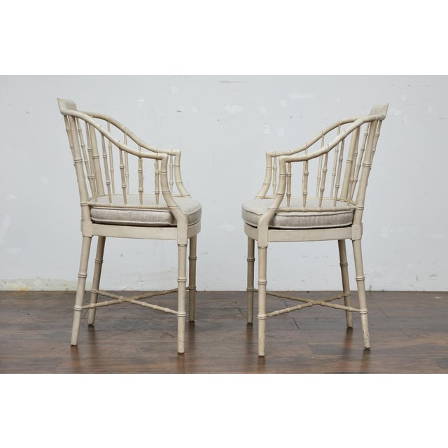Textile Pair of Baker Furniture Faux Bamboo Upholstered Armchairs in Soft White Finish For Sale - Image 7 of 12