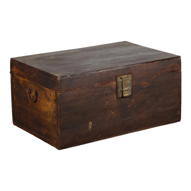 19th Century Brown Leather Brown Trunk with Etched Brass Lock & Distressed Patina For Sale