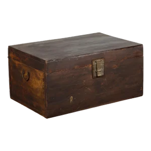 19th Century Brown Leather Brown Trunk with Etched Brass Lock & Distressed Patina