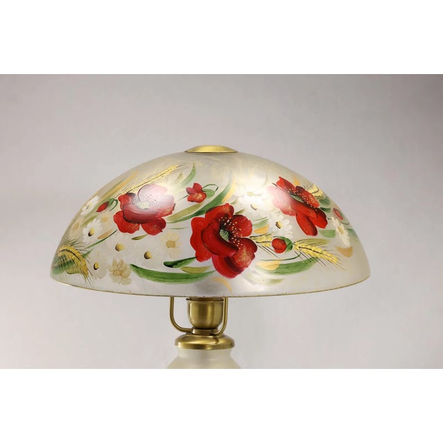 Vintage Hand Painted Red Rose Glass Shade and Base Table Lamp 21 in. height x 14 in. dia.