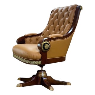 Luxury Tufted Leather Executive Swivel Chair With Carved Wood & Gold Accents For Sale