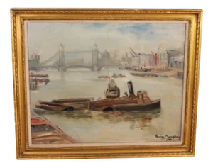 Pauline Boumphrey, on the River Thames London, 1953, Oil on Canvas, Framed