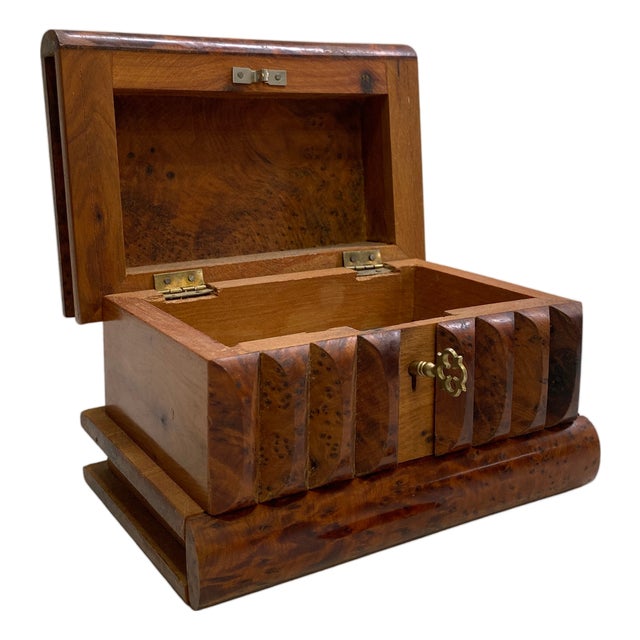 Vintage Burl Wood Puzzle Box With Hidden Lock and Key For Sale