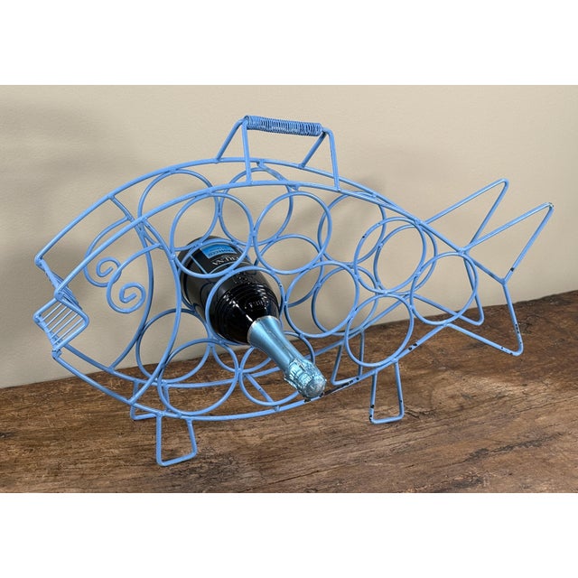 Mid-Century Modern Mid Century Modern Blue Wire Fish Wine Bottle Holder Sculptural Bar Rack For Sale - Image 3 of 6