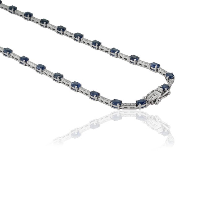 Ink Blue Certified 14k White Gold Natural 10.52ct Blue Sapphire & Diamond Tennis Necklace For Sale - Image 8 of 15