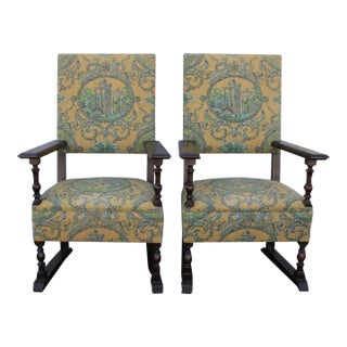 Early 19th Century Charming Large & Comfortable Pair of Oak Spanish Revival Side, Accent Armchairs For Sale