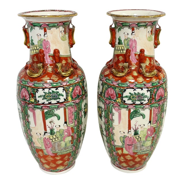 Mid Century Asian Famille Rose Vases of Hand Painted Porcelain With Gold Accents- a Pair For Sale
