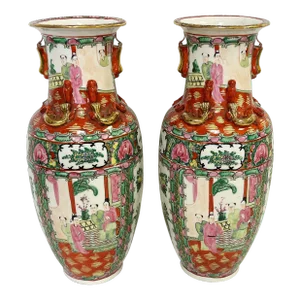 Mid Century Asian Famille Rose Vases of Hand Painted Porcelain With Gold Accents- a Pair