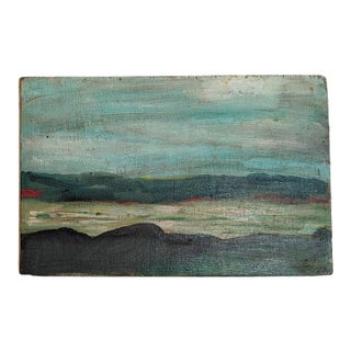 1973 Mid-Century River & Hills Landscape Painting Wood Panel Initialed Verso For Sale