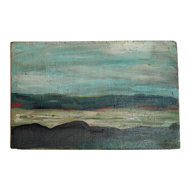 1973 Mid-Century River & Hills Landscape Painting Wood Panel Initialed Verso For Sale