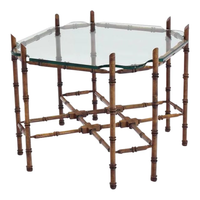 Vintage Mid Century Faux Bamboo Glass Top Side Table For Sale