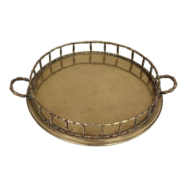 Vintage Round Brass Faux Bamboo Rail Gallery Tray For Sale